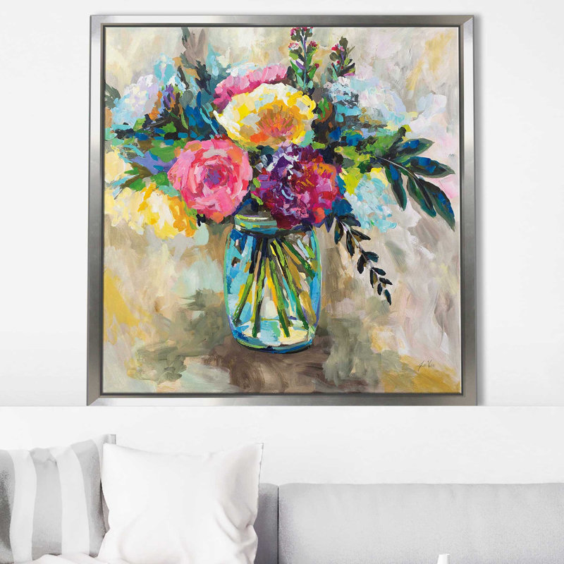 Masons Bouquet - Peinture, H 31,5 po x l 31,5 po x P 2 po, Cadre flottant argent
