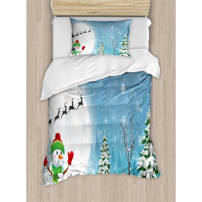 Christmas Jolly Snowman Under Full Moon Waving to Santa Reindeer Sleigh Kids Duvet Cover Set -  Ambesonne, nev_20080_twin