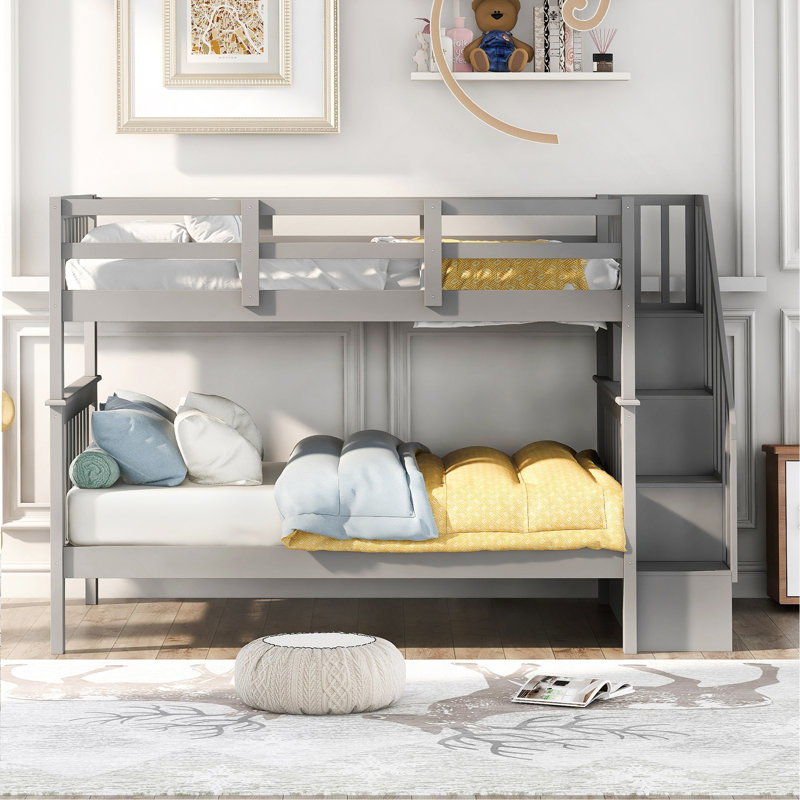 Lit superposé double avec escalier avec rangement et barrière de sécurité pour chambre à coucher, dortoir