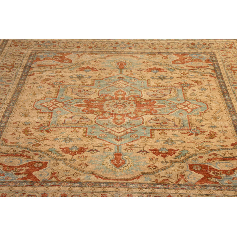 Hand-Knotted Serapi Rug Beige Blue Red Medallion Serapi Pattern By Rug & Kilim, Runner 3' x 14'