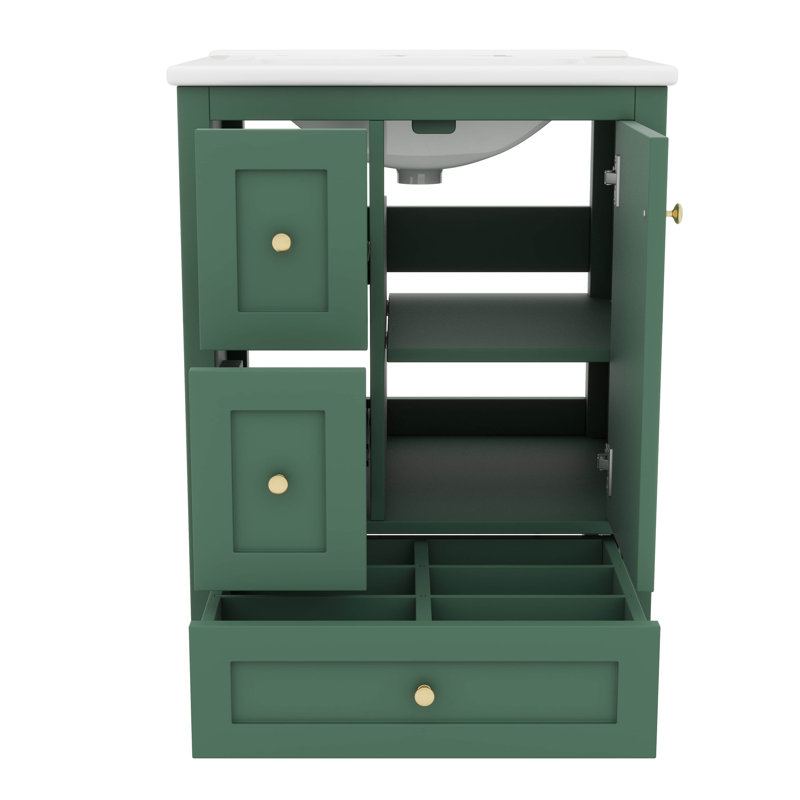 Armoire de salle de bain 24 pouces avec 3 séparateurs amovibles à 3 tiroirs et tablette réglable, Vert foncé