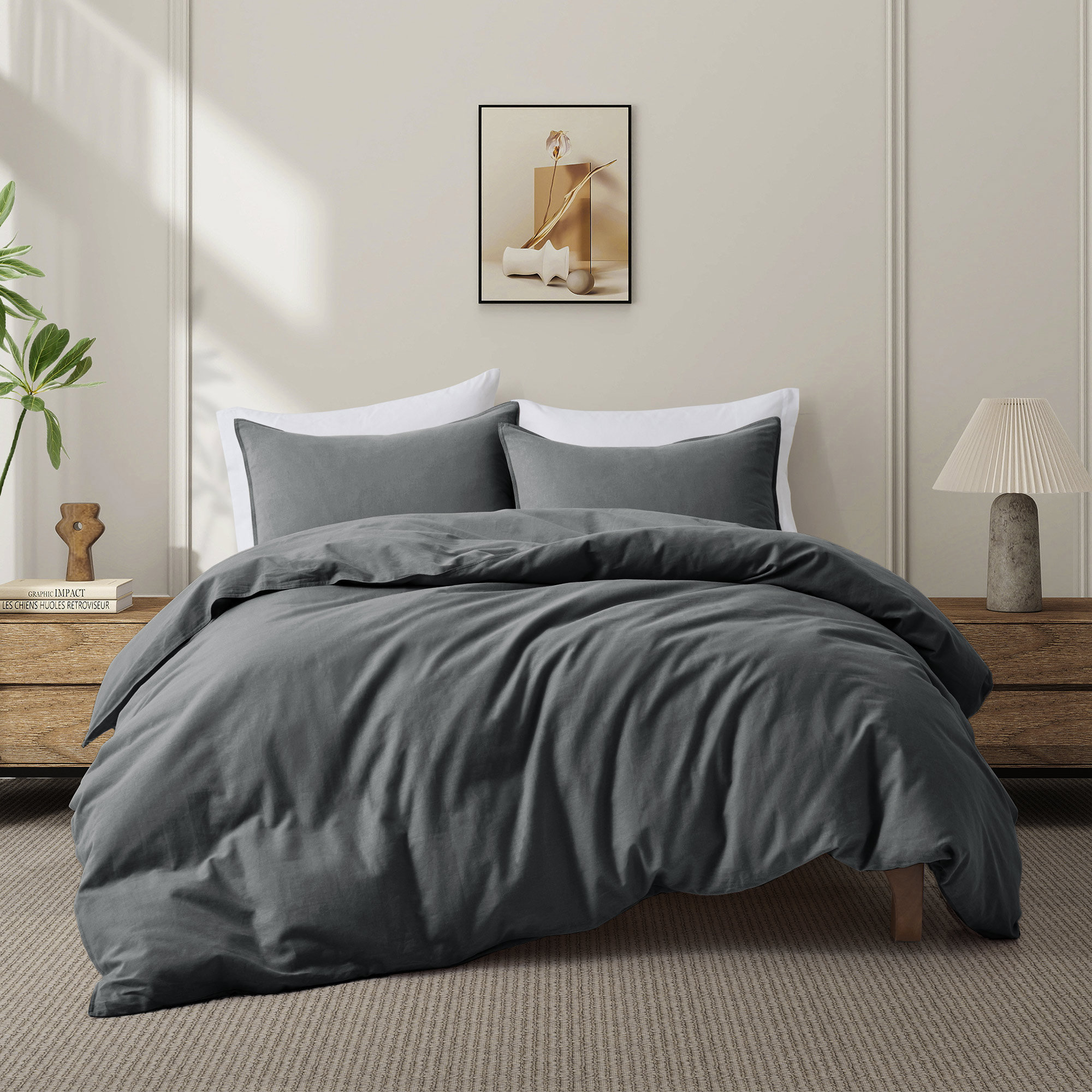 Boseman 100% Linen Duvet Reversible Duvet Cover Set, Charcoal Gray, Queen Duvet Cover + 2 Standard Pillowcases