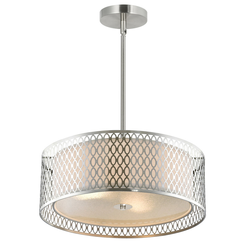 3-Light Drum Chandelier, 17 Inch Satin Nickel Finish, Modern Ceiling Light Fixture for Dining Room, Kitchen, or Bedroom