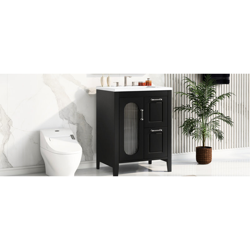 Meuble-lavabo 24 po en bois massif avec lavabo en céramique et étagère de rangement réfléchie, Noir