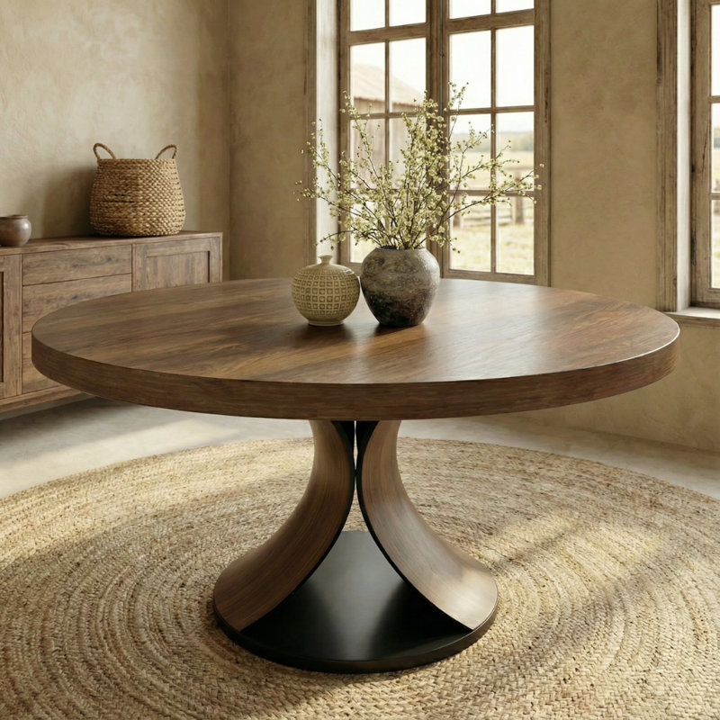 5/7/9 Pieces Solid Wood Round Dining Table Walnut Kitchen Room Set, 29.52" H x 53.15" W x 53.15" D, 7 Pieces: Table, 6 Chairs