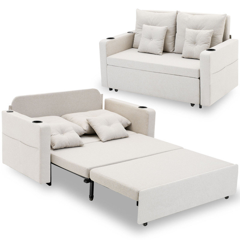56" 3 in 1 Square Arm Sofa Bed Convertible Loveseat Pull-Out Sleeper Sofa Couch with USB and Cup Holders, Beige