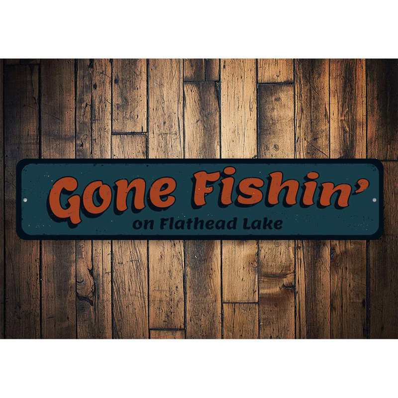 Plaque en métal «Gone Fishin», H 6 po x l 24 po x P 0,06 po