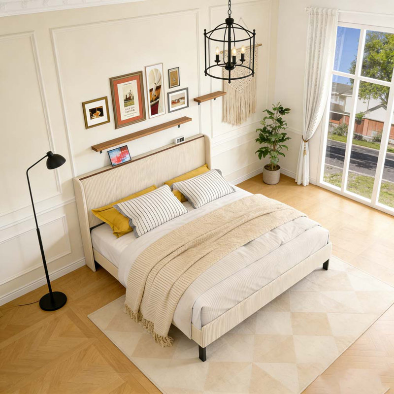 Lit plateforme, cadre de lit en métal avec station de charge, aucun sommier nécessaire, Très grand lit