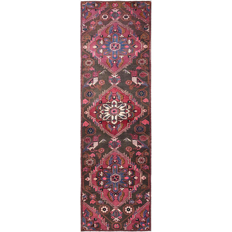 Tapis brun perse rétro 3 pi x 9 pi 8 po avec des oiseaux, noué à la main, usé et vieilli, 100% laine, velours nul, côtés et extrémités professionnellement sécurisés, tapis de couloir oriental