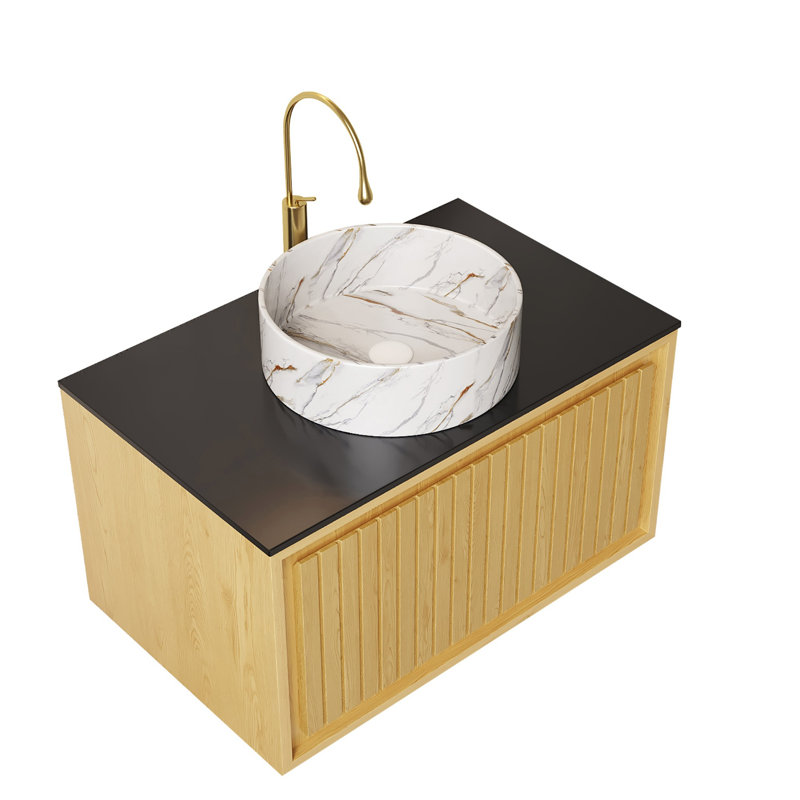 Meuble-lavabo de salle de bain avec lavabo rond en céramique, armoire de rangement murale avec tiroir