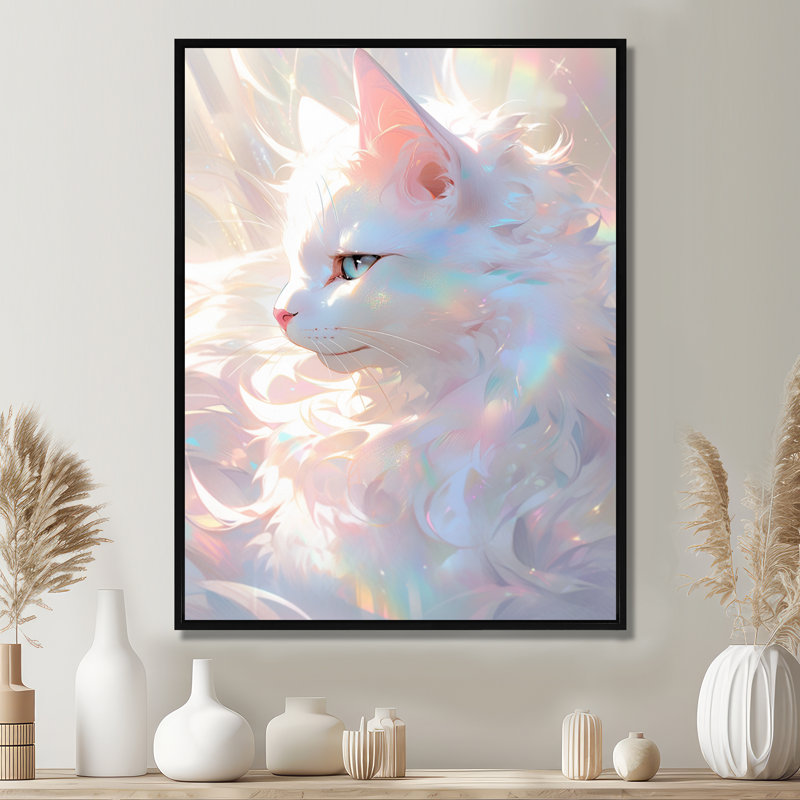 Lumineux chat félin irisé blanc, H 20 po x l 12 po x P 1 po, Toile avec cadre noir