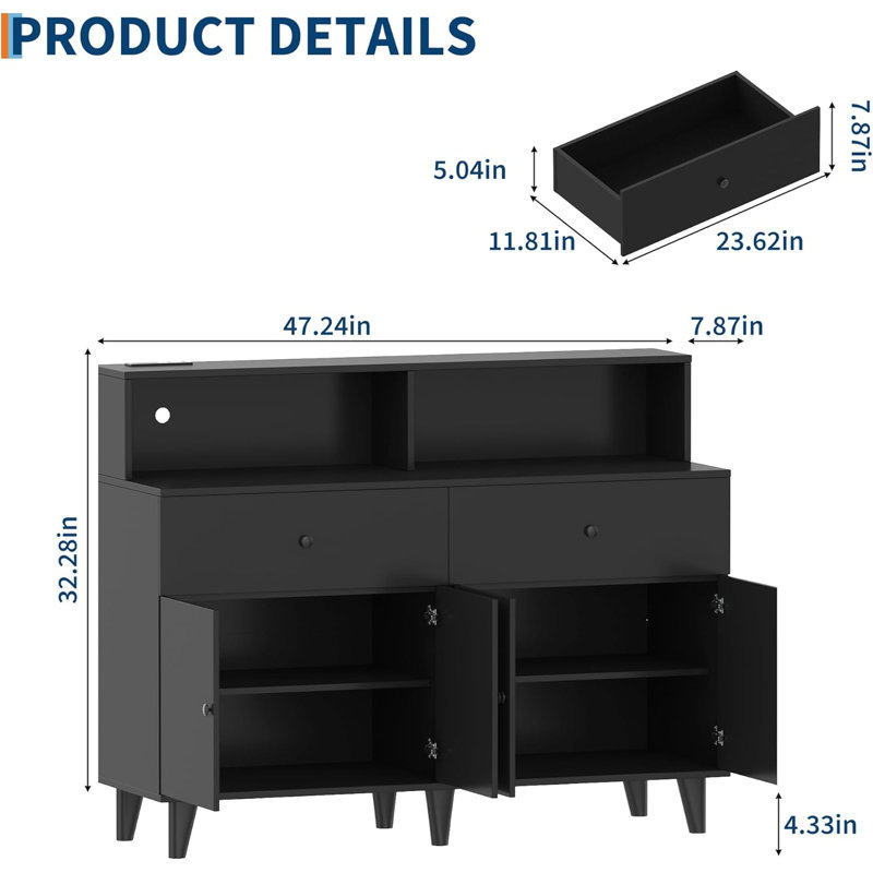 Armoire-penderie 47 po avec tiroirs 47 po, Noir