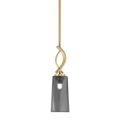 Mini suspension Waldes Stem Hung présentée en finition laiton New Age avec verre fumé bullé de 12,7 cm de largeur x 25,4 cm de hauteur