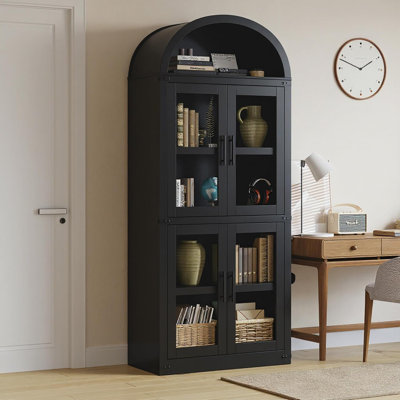 71.4" Arched Farmhouse Bookcase with Glass Doors, 15.8" Deep Wooden Display Cabinet for Living Room & Office