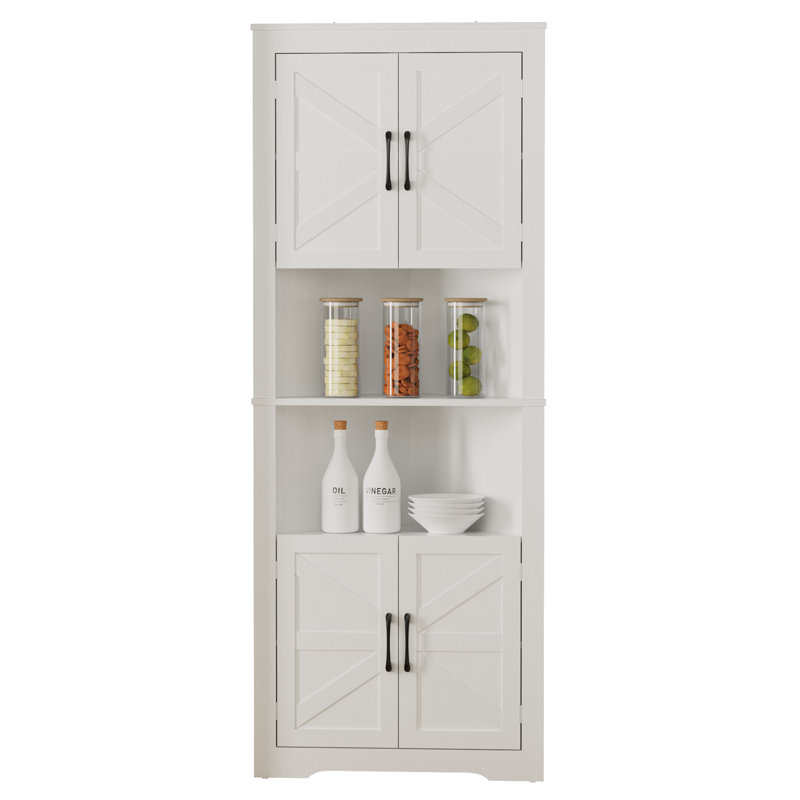 Farmhouse Corner Storage Cabinet, 6-Tier Tall Storage with Barn Door & Shelves, Bathroom Cabinet, White