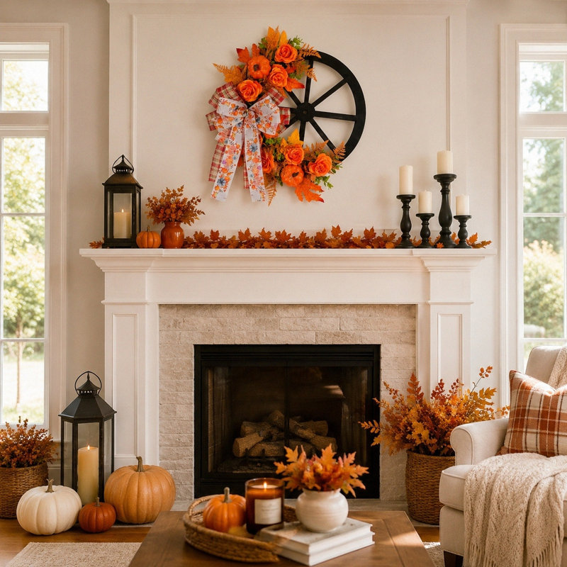 Couronne de porte d'automne avec roues orange artificielles, citrouilles et nœud écossais
