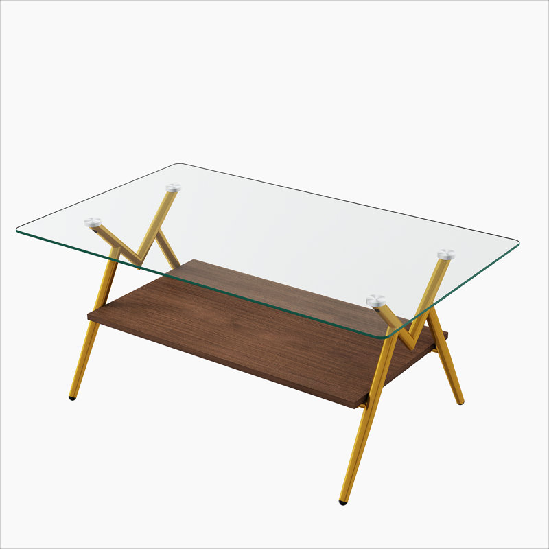 Table basse rectangulaire avec plateau en verre trempé et pieds en métal doré, table moderne pour le salon, Brun / or