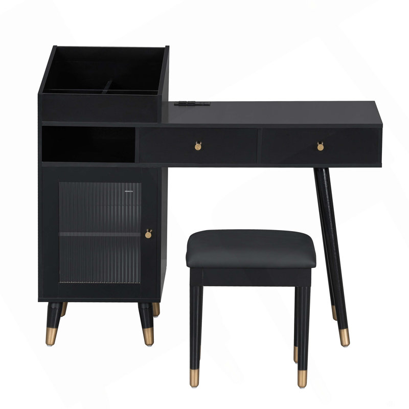 Modern Makeup Vanity Desk With Drawers, Cabinet & Charging Port, Space-Saving Dressing Table Set With Stool For Small Places, Black