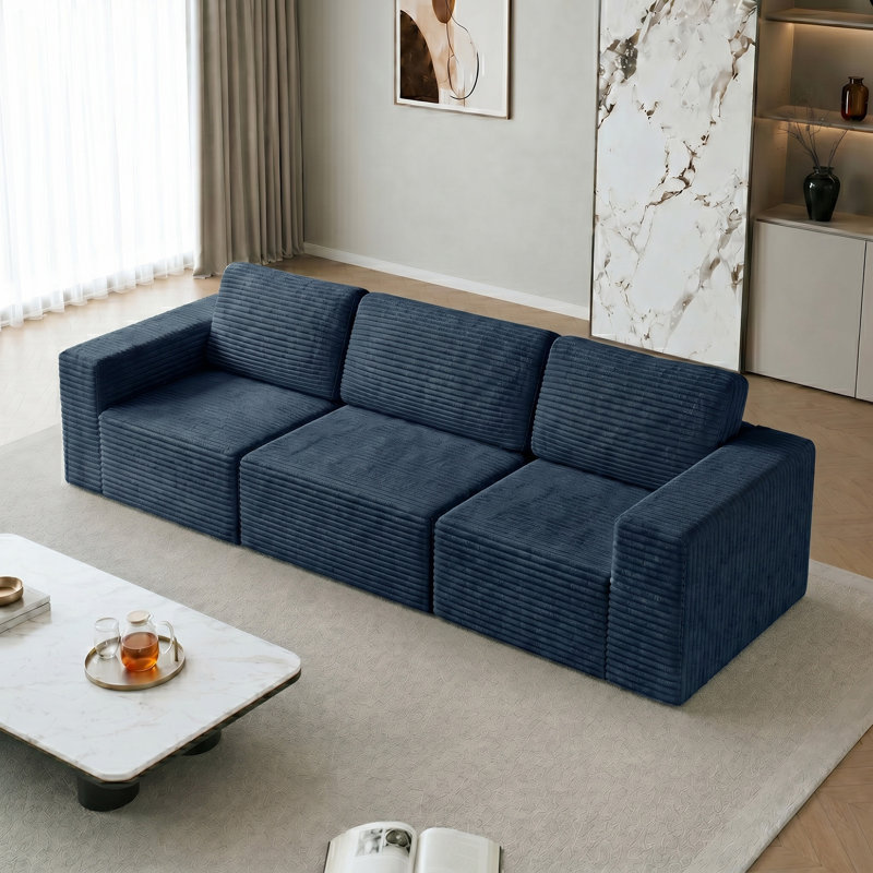 Modular Corduroy 303cm 2-seater Boneless Sofa, No Assembly Required, With High Rebound Sponge, Blue