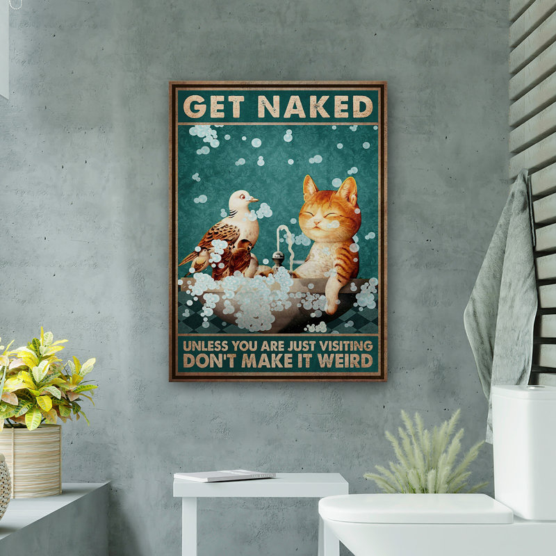 Chat brun et oiseau dans le bain - Toile tendue avec une galerie - Illustration de salle de bain et de lessive, décor de salle de bain noir et brun