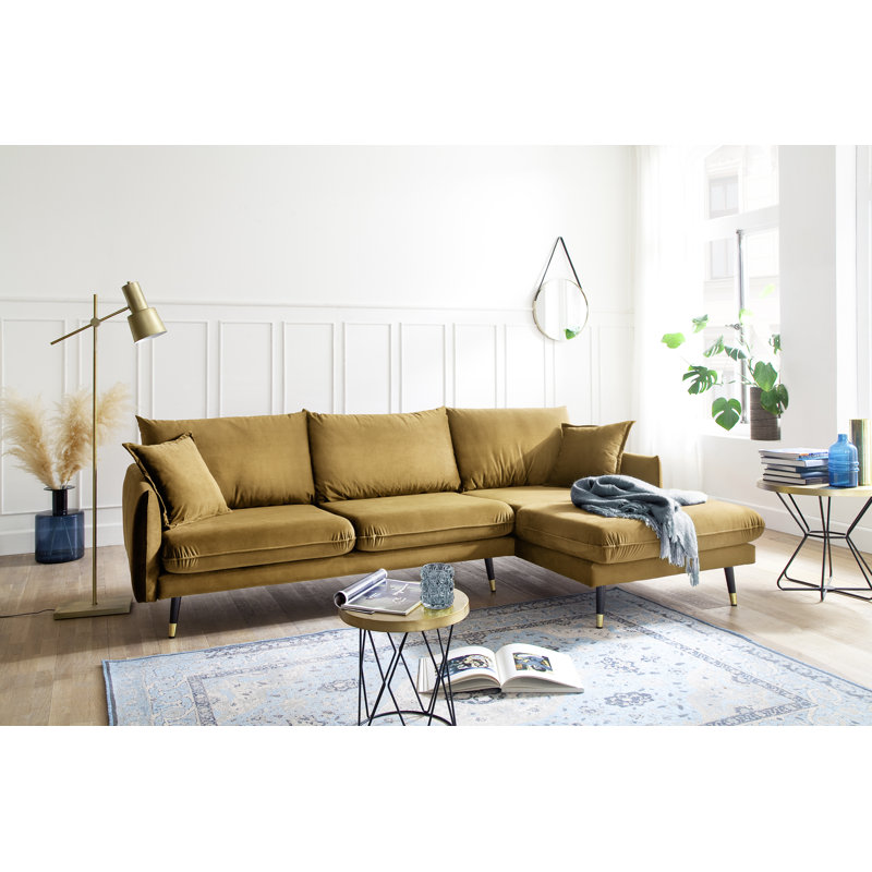 Dulcie 4 Seater Velvet Corner Sectional, Mustard, Right Hand Facing