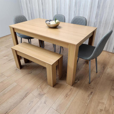 6 Seater Modern Light Wood Dining Table Set with 4 Gem Pattern Chairs and Bench H75 x L140 x W80 cm