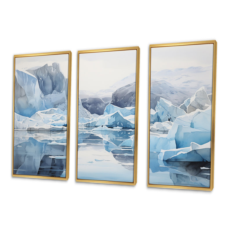 Minimalisme Groenland Horizon - ensemble de reproduction d'art mural Glacier, Cadre flottant doré, H 40 po x l 60 po x P 1 po