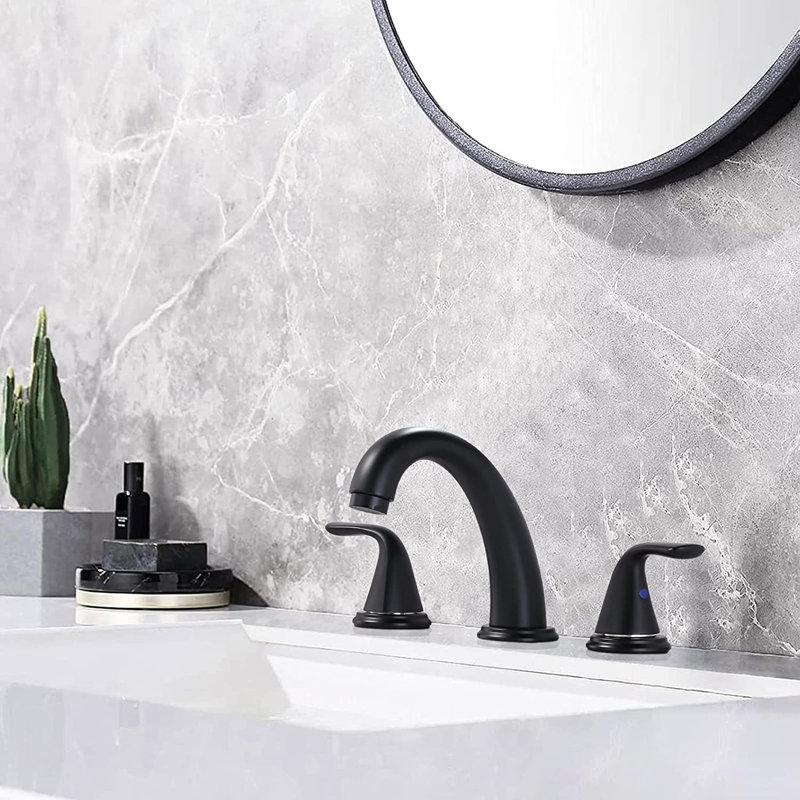 Robinet de lavabo de salle de bain espacé Aleasha, robinet à 3 trous avec bonde escamotable, Noir mat