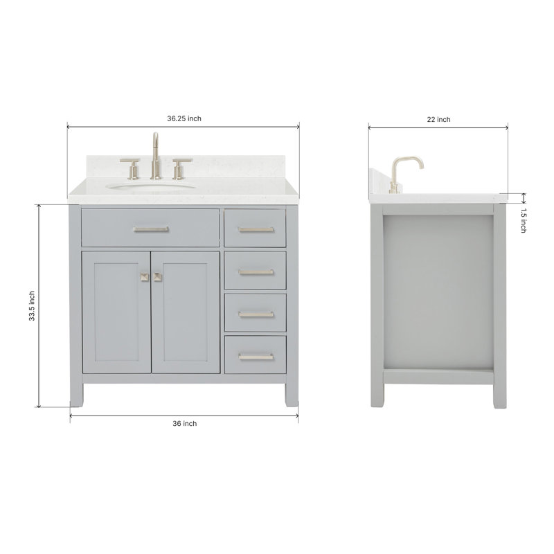 5_ARIEL Bristol 36 Single Sink Bathroom Vanity with Carrara White Quartz, Gray, Oval, 36"