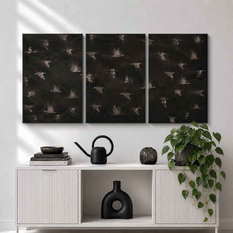 «Dark Flying Birds Nature», art du salon, estampe numérique sur toile encadrée, 3 pièces, H 36 po x l 72 po x P 1,5 po