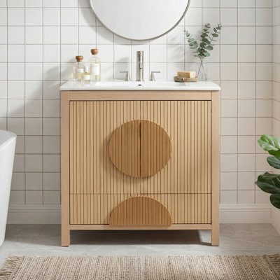 Meuble-lavabo de salle de bain cannelé de 30 pouces avec lavabo - Armoire en bois moderne autoportante avec portes à fermeture en douceur, 1 tiroir et rangement ouvert, décoration circulaire décorative, bois massif et panneau de fibres à densité moyenne,
