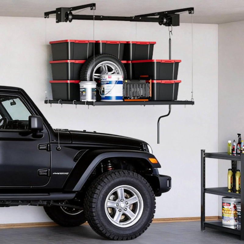 Support de rangement réglable au-dessus du garage, structure en acier robuste, capacité de poids de 4 pi x 4 pi, 300 lb pour le garage, le grenier ou le sous-sol