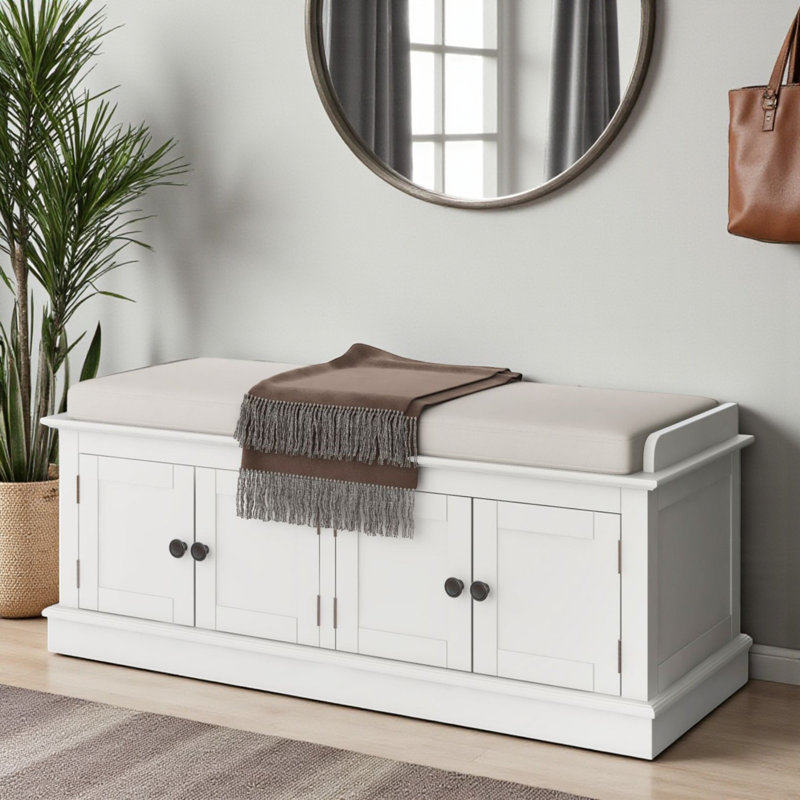 Upholstered Storage Bench, White