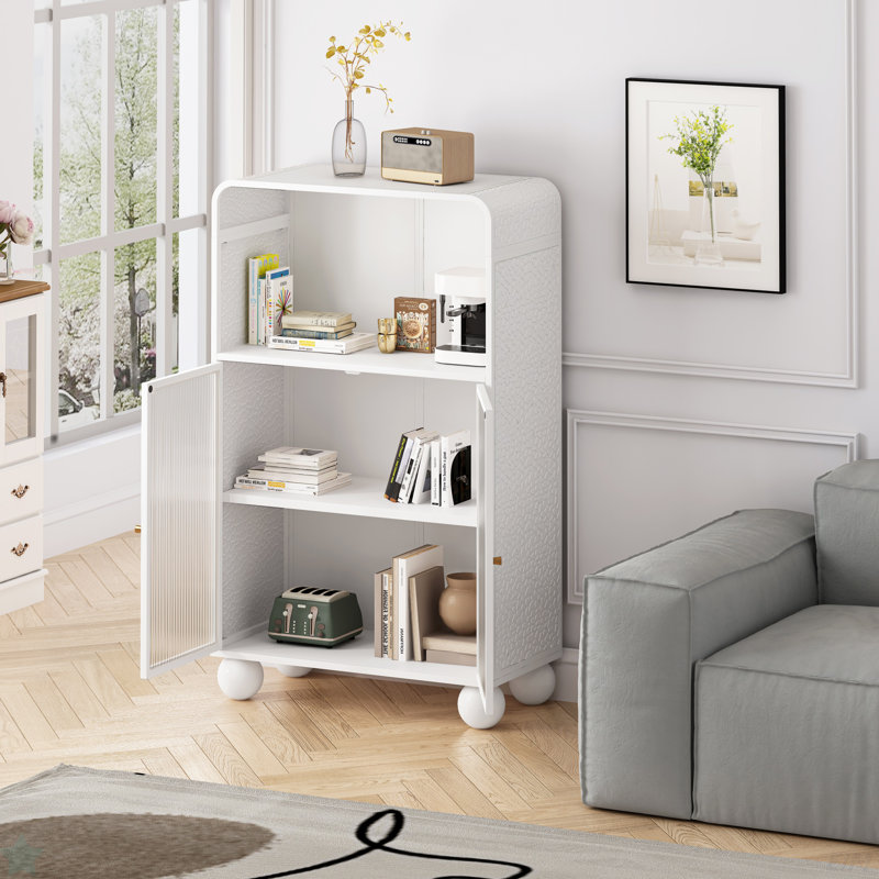 Storage Cabinet, Bathroom Floor Cabinet with Glass Door and Shelves,  Freestanding Display, White