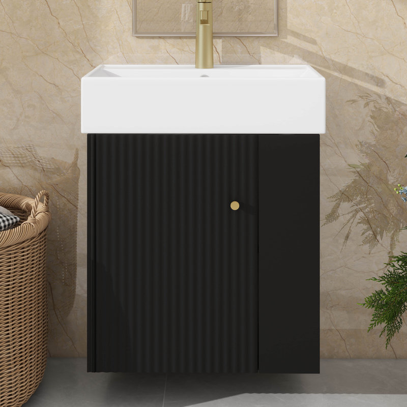 Meuble-lavabo flottant de 21,6 po de style moderne avec lavabo en céramique et rangement à droite, idéal pour les petites salles de bain