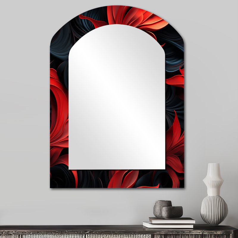 Noir Illusions Moody Patterns - miroir décoratif en damas, miroir mural asymétrique rouge, 34 po x 25 po