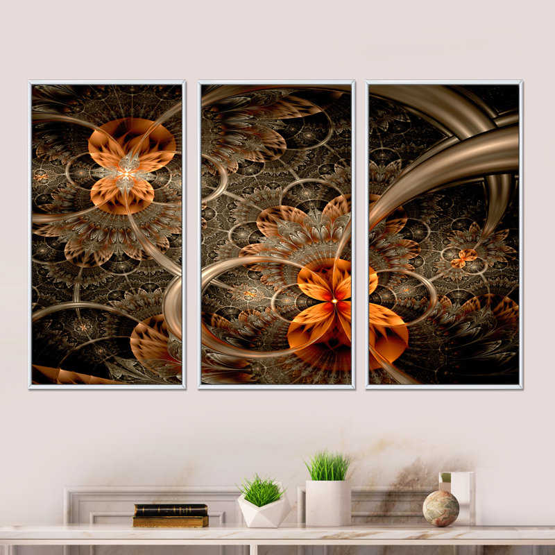 Fleur symétrique orange foncé - ensemble de 3 reproductions d'art encadrées abstraites sur toile, H 32 po x l 48 po, Blanc
