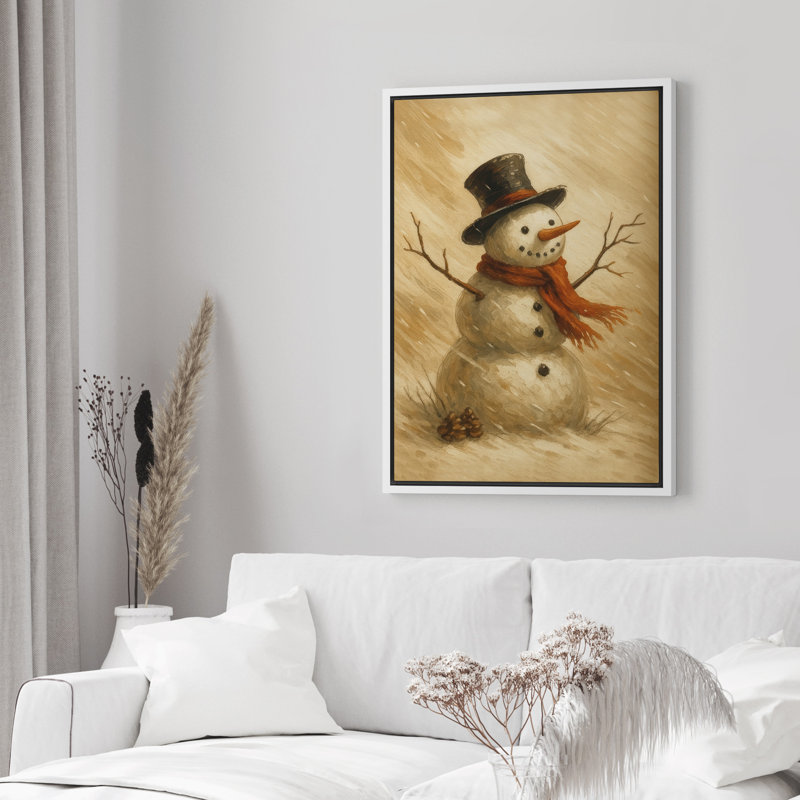 «Snowman with Hat and Red Scarf in Winter Snow Scene», reproduction d'art sur toile encadrée dans la chambre principale