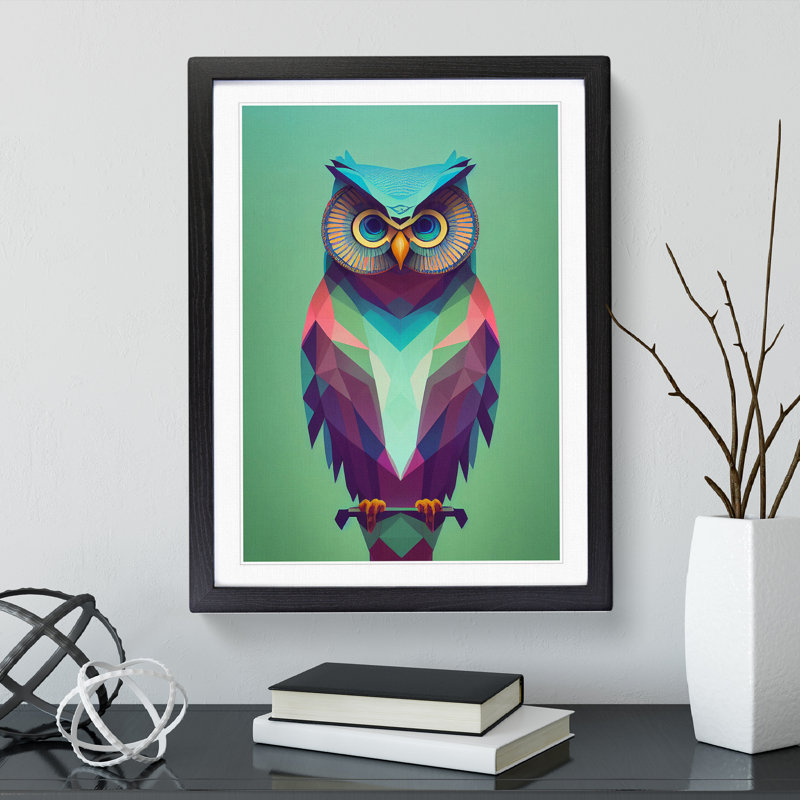 Geometric Owl No.3 Abstract - Single Picture Frame Print, 46cm H x 34cm W x 2cm D, Black