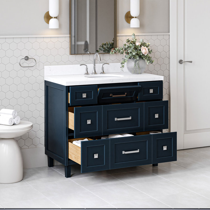Ariel Monrow 42 Inch Single Oval Sink Bathroom Vanity With Carrara Quartz Countertop, Midnight Blue