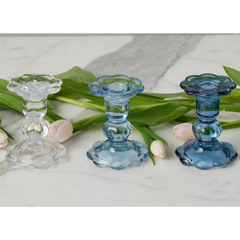 Glass Scalloped Candlesticks, Clear/Denim/Navy