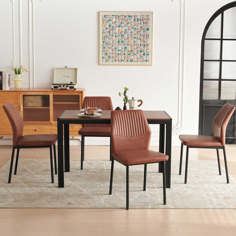 47" Kitchen Table And Chairs Set,Walnut Table With 4 Faux Leather Chairs For Dining Room Kitchen Apartment - Brown, Brown