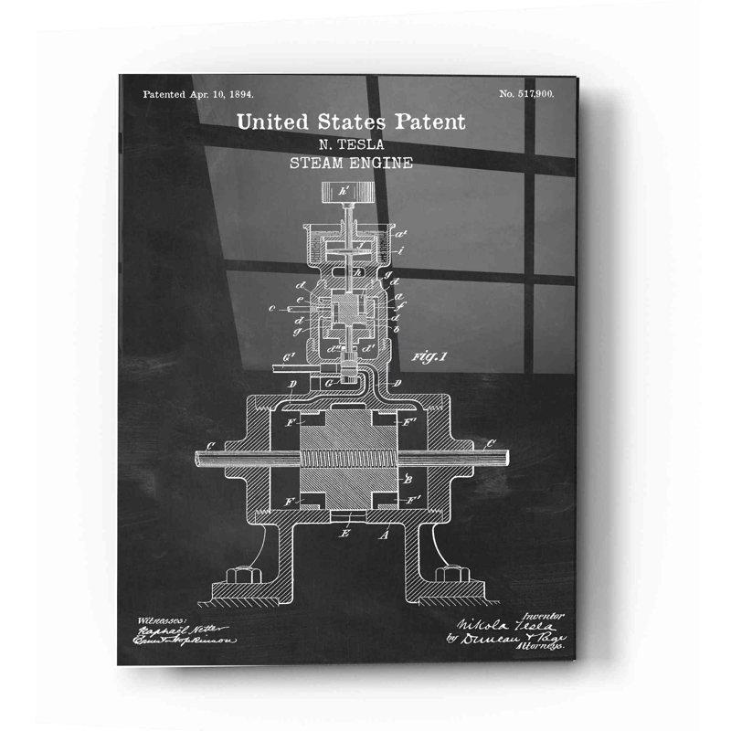 «Tesla Steam Engine Blueprint Vernis Chalkboard», art mural en verre acrylique, H 16 po x l 12 po x P 0,12 po