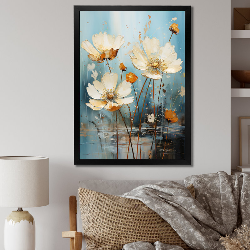 «Daisy Blossoming» en bleu sarcelle - impression, H 32 po x l 16 po x P 1 po, Cadre simple noir
