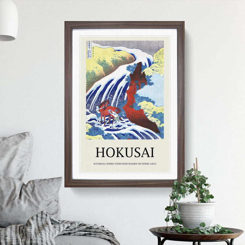 Yoshitsune Falls Print by Katsushika Hokusai - Picture Frame Painting, Walnut, 36cm H x 27cm W x 2cm D