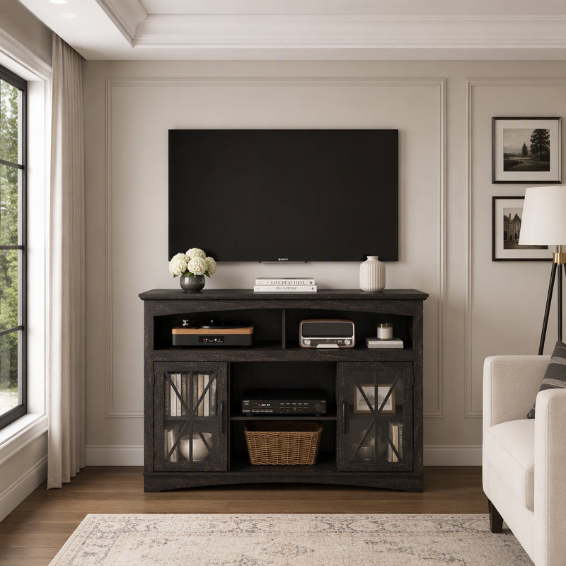 Meuble télé de style champêtre avec étagères réglables et éclairage DEL pour un rangement polyvalent et une organisation optimale de votre salon.