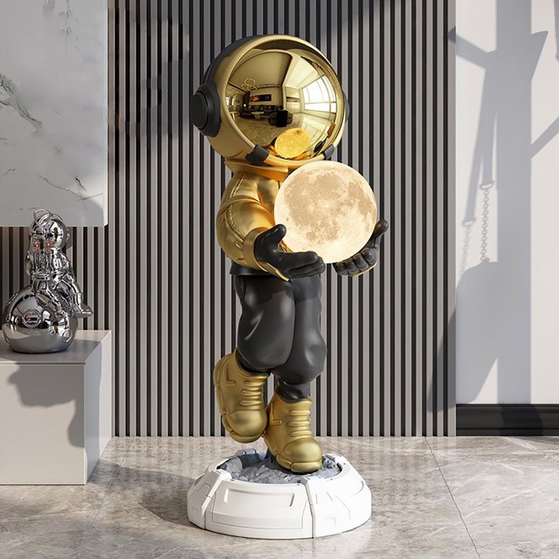 28.8" Astronaut Floor Sculpture Figurine Ornament Art Decor with Ball Lamp USB Charging, Black/Gold