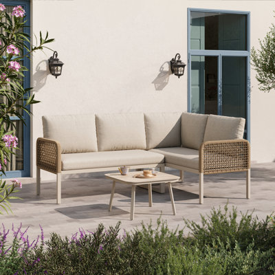 3-Piece Modular Outdoor Sofa Set With Glass Table & Polyester Rope, Beige