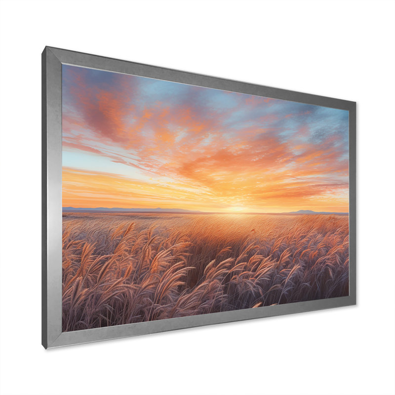 Prairies tranquilles au lever du soleil, H 16 po x l 32 po x P 1 po, Cadre simple argenté