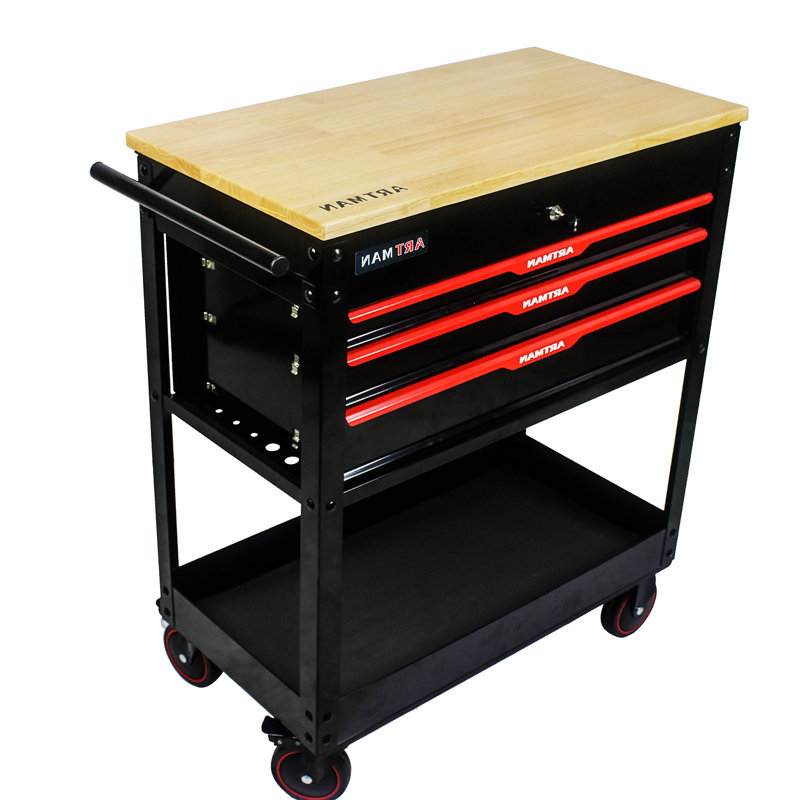 Chariot à outils multifonctionnel à 3 tiroirs avec roulettes et plateau en bois